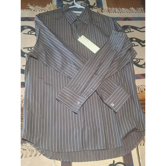 Perry Ellis Shirt Mens M Brown Striped Silk Blend Hidden Button Dress NWT - Picture 4 of 6
